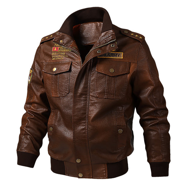 Men's Fashionable Faux Leather Jacket in Military Style Mune Fashion