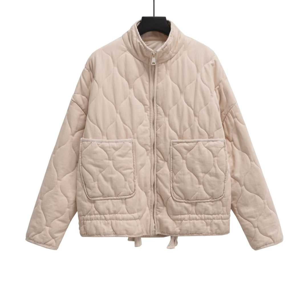 Women's quilted jacket with standing collar and tie belt