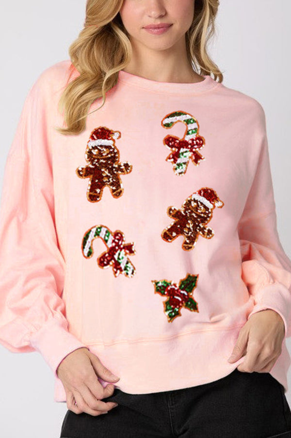 Mune | Christmas Gingerbread Man Sequin Casual Long Sleeve Sweatshirt