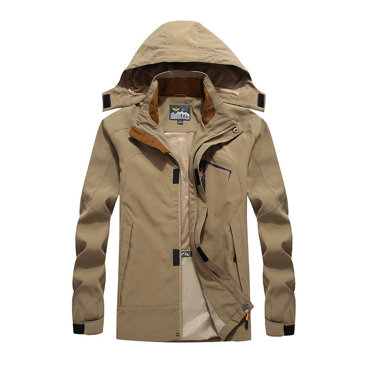 Men's waterproof softshell outdoor jacket with hood, breathable mesh lining, and concealed zipper elements Mune Fashion