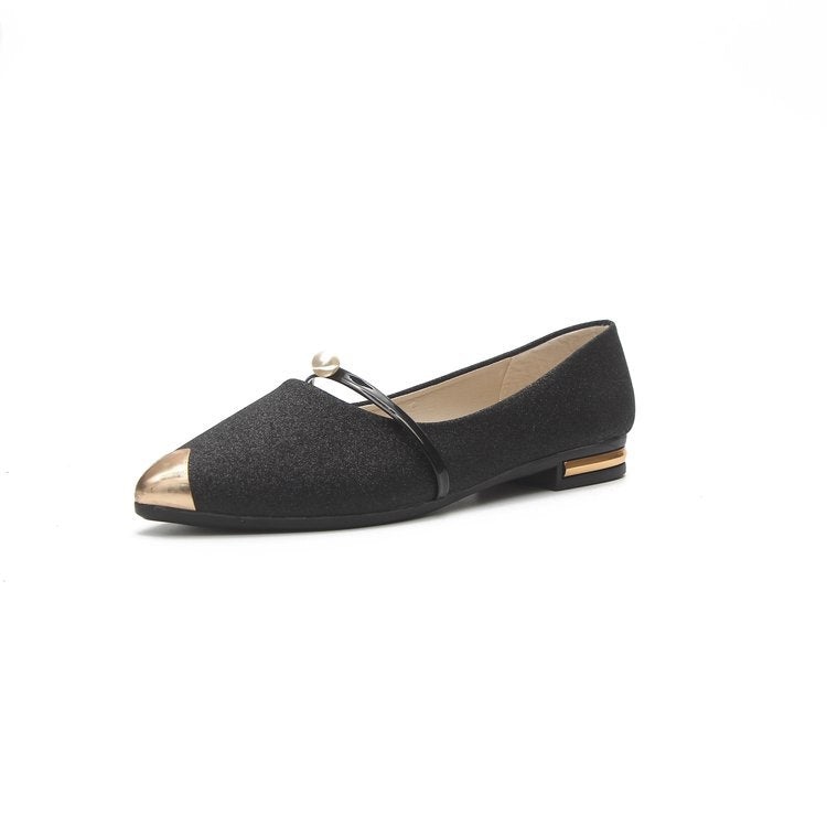 Ladies elegant glitter slippers with pointed metal cap, pearl-embellished instep strap and flat heel Mune Fashion