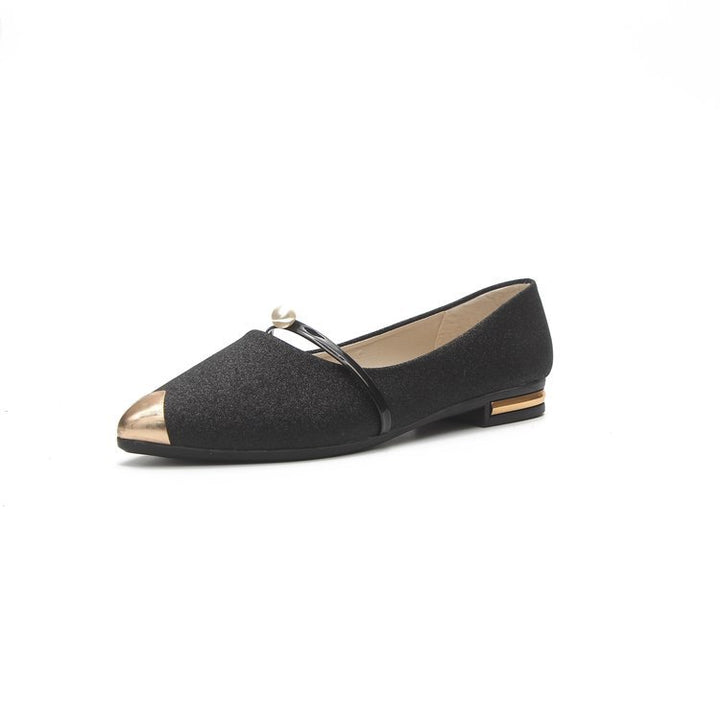 Ladies elegant glitter slippers with pointed metal cap, pearl-embellished instep strap and flat heel Mune Fashion