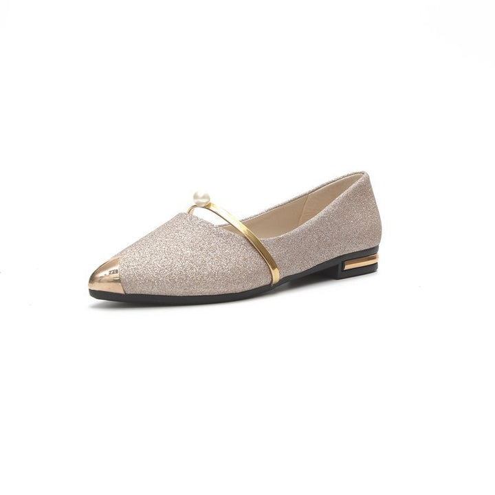 Ladies elegant glitter slippers with pointed metal cap, pearl-embellished instep strap and flat heel Mune Fashion