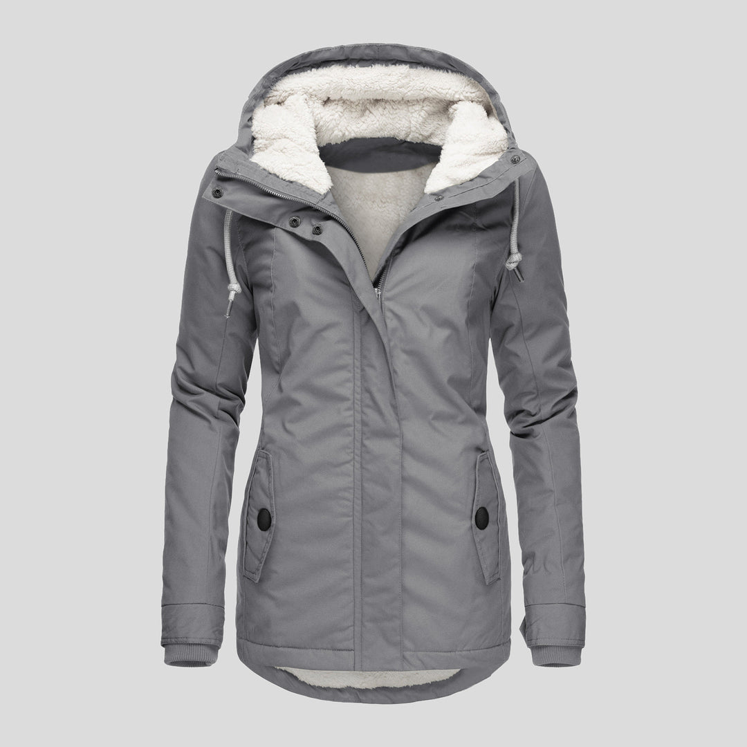 Fleece-lined parka with lambskin imitation