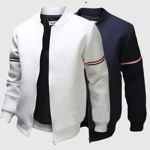 Men's structured bomber jacket with stand-up collar, ribbed cuffs, and contrast strips on sleeves Mune Fashion