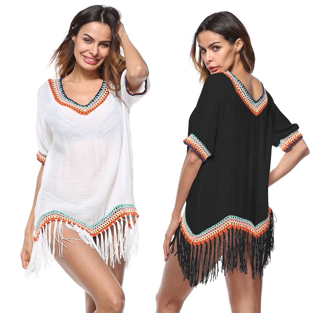Women's trendy beach cover-up with frayed hem and colorful crochet trim Mune Fashion