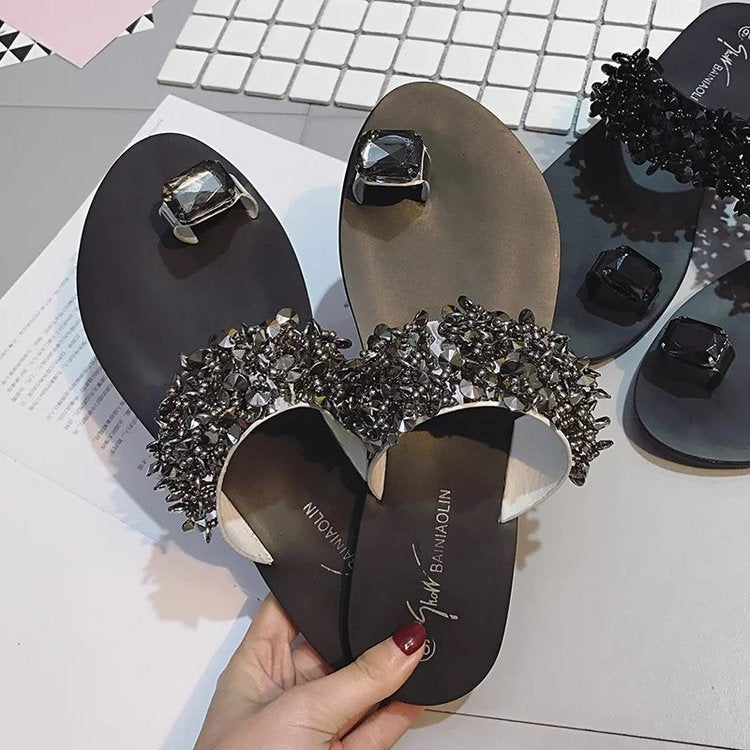 Ladies nan Glamorous Toe Grip Mules with Faceted Rhinestones and Ergonomic Comfort Footbed Mune Fashion
