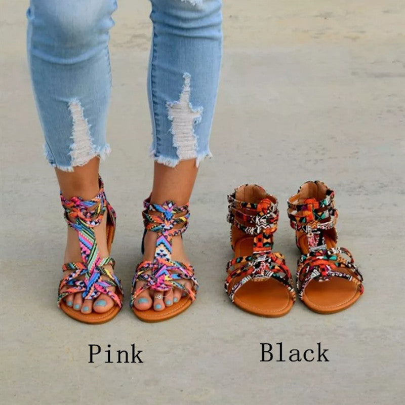 Women's Boho-Strap Sandal with Braided Textile Straps and Ankle-High Wraparound Design Mune Fashion