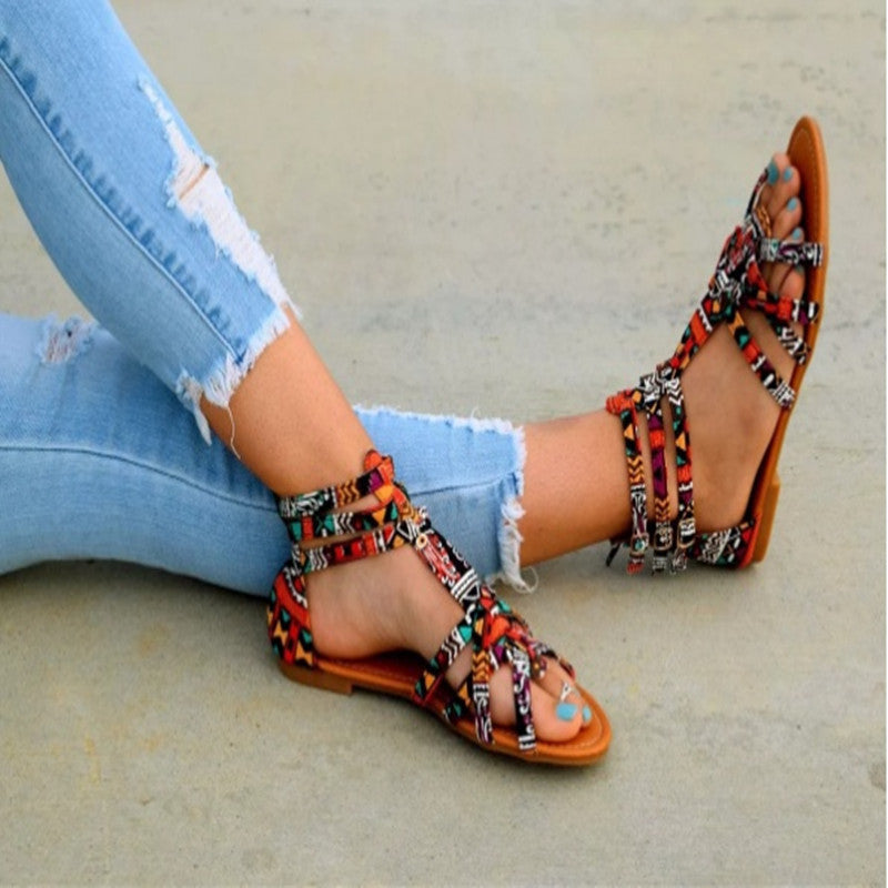 Women's Boho-Strap Sandal with Braided Textile Straps and Ankle-High Wraparound Design Mune Fashion