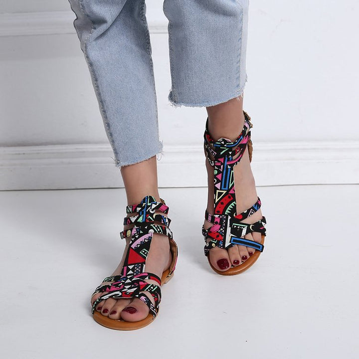 Women's Boho-Strap Sandal with Braided Textile Straps and Ankle-High Wraparound Design Mune Fashion