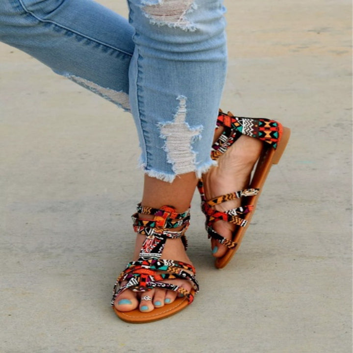 Women's Boho-Strap Sandal with Braided Textile Straps and Ankle-High Wraparound Design Mune Fashion