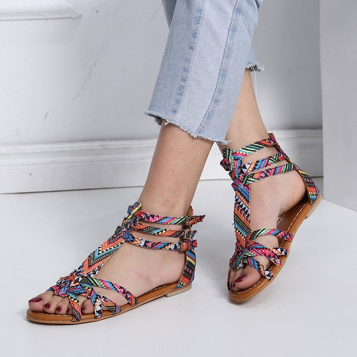 Women's Boho-Strap Sandal with Braided Textile Straps and Ankle-High Wraparound Design Mune Fashion