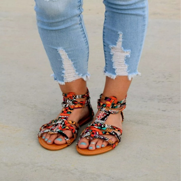 Women's Boho-Strap Sandal with Braided Textile Straps and Ankle-High Wraparound Design Mune Fashion