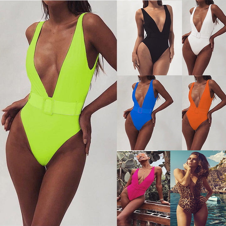 Women's One-Piece Swimsuit with Glamorous V-Neck and Stylish Belt Detail Mune Fashion