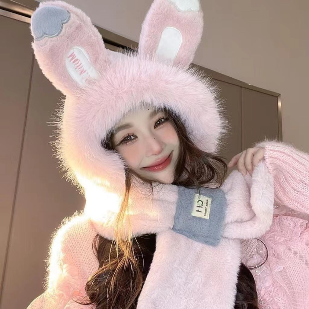 Plush hat with rabbit ears and scarf, women, winter