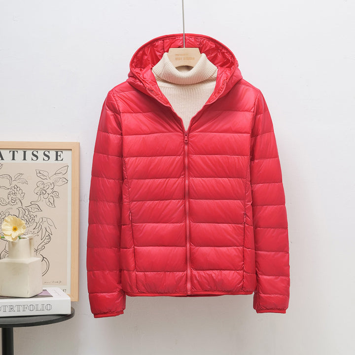 Light women's down jacket, hood, short fit
