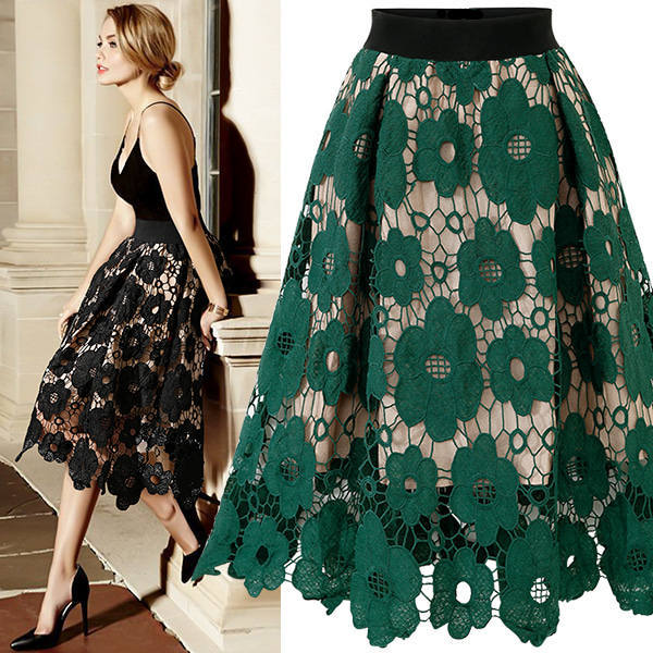 Women's A-line midi skirt made of floral lace appliqué with curved hem Mune Fashion