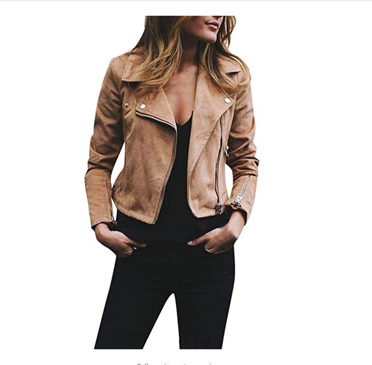 Women's tailored biker jacket made of suede imitation with asymmetrical zipper and zip sleeves Mune Fashion