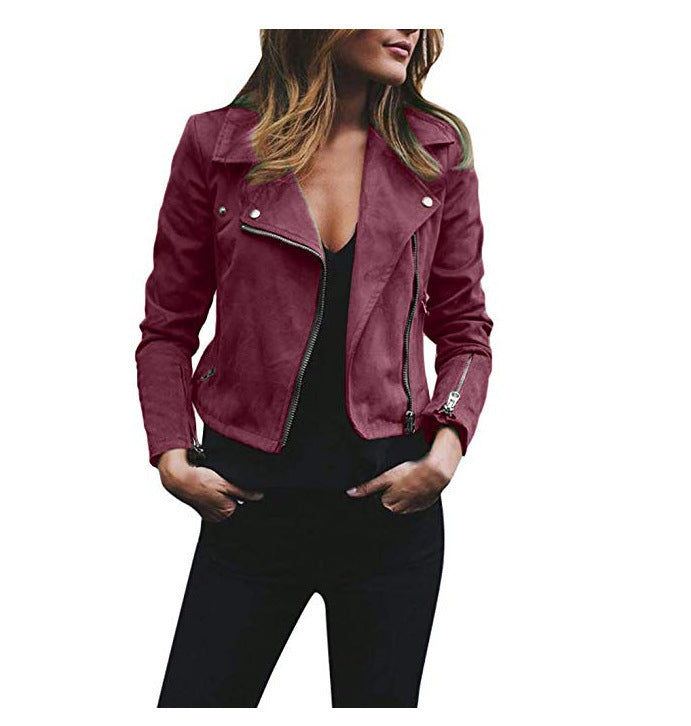 Women's tailored biker jacket made of suede imitation with asymmetrical zipper and zip sleeves Mune Fashion