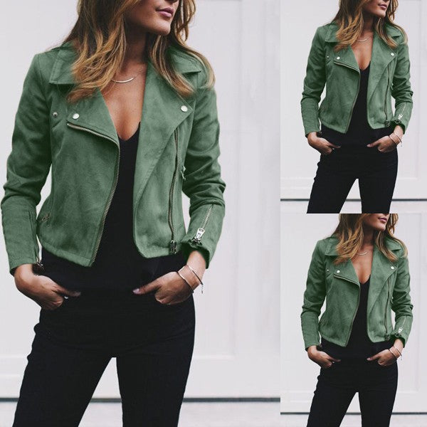 Women's tailored biker jacket made of suede imitation with asymmetrical zipper and zip sleeves Mune Fashion