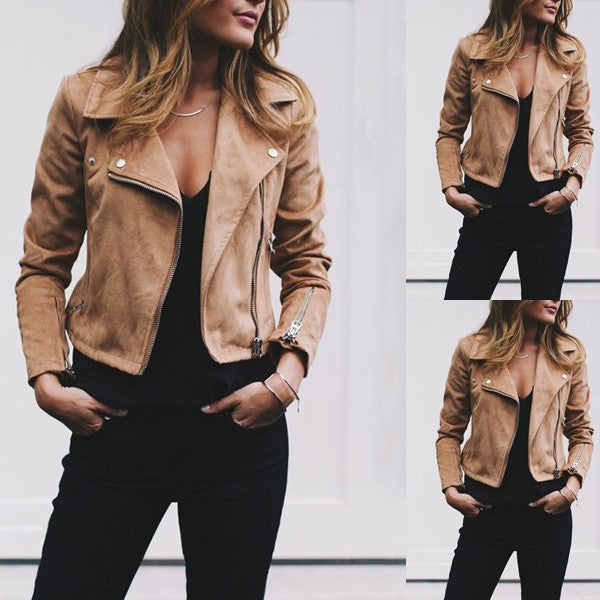 Women's tailored biker jacket made of suede imitation with asymmetrical zipper and zip sleeves Mune Fashion