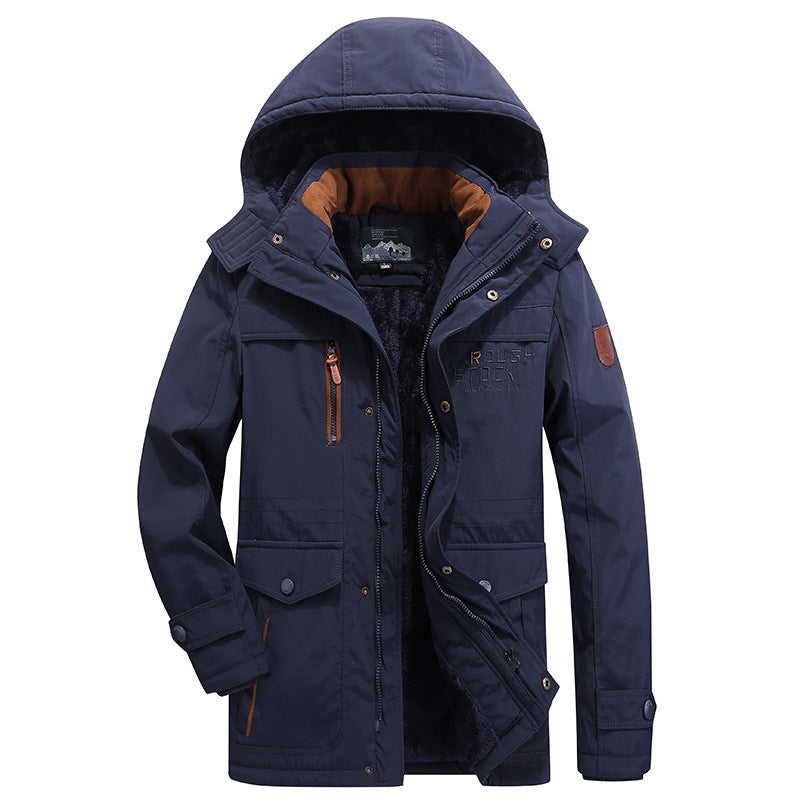 Men's padded winter parka with teddy lining, removable hood, and multiple pockets