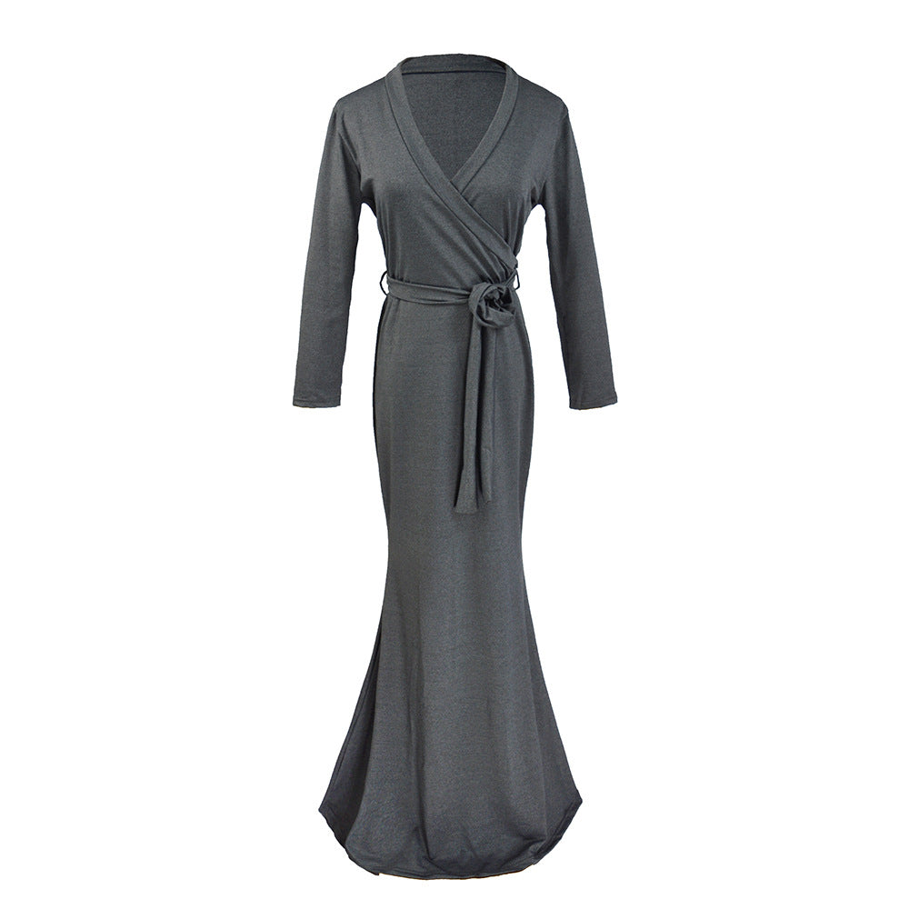 Women's Wrap Maxi Dress with Waist Tie, Figure-Hugging Silhouette & 3/4 Sleeves Mune Fashion