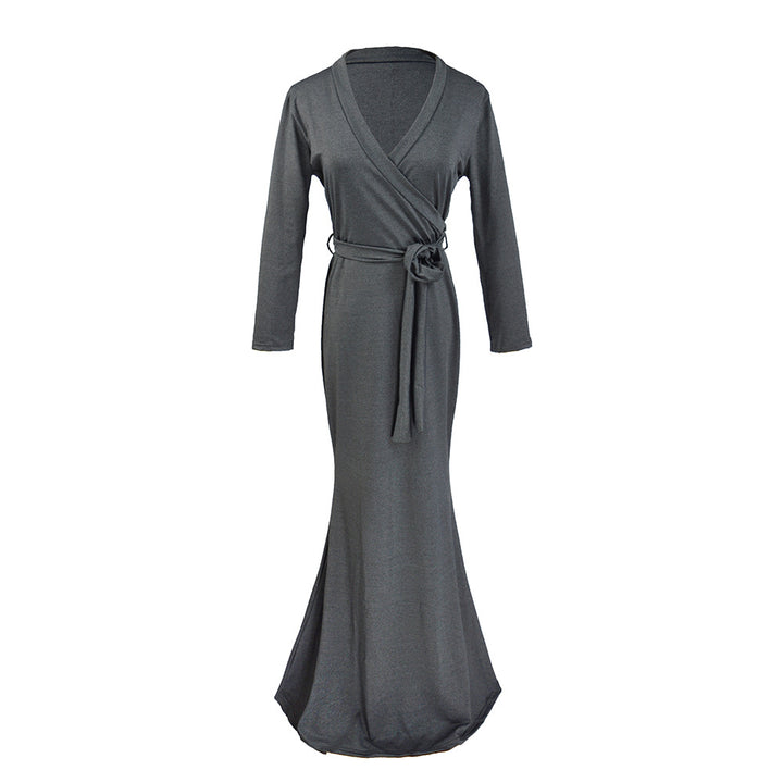 Women's Wrap Maxi Dress with Waist Tie, Figure-Hugging Silhouette & 3/4 Sleeves Mune Fashion