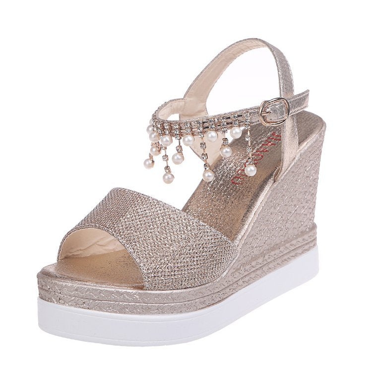 Women's shimmering wedge sandals with pearl fringe and adjustable ankle strap Mune Fashion