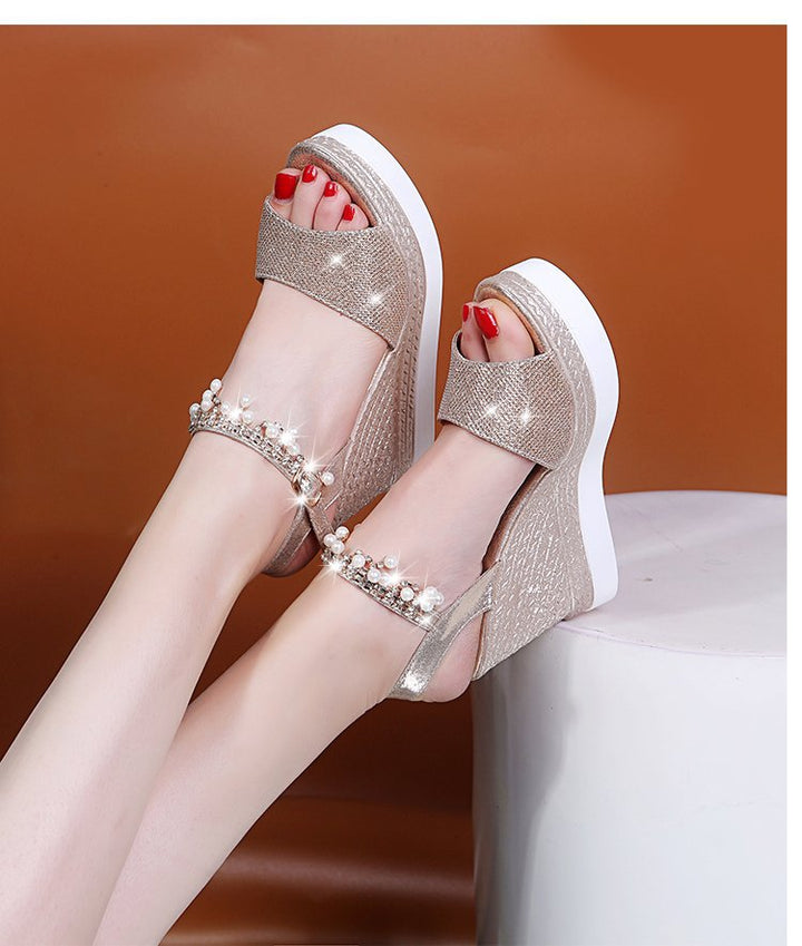 Women's shimmering wedge sandals with pearl fringe and adjustable ankle strap Mune Fashion