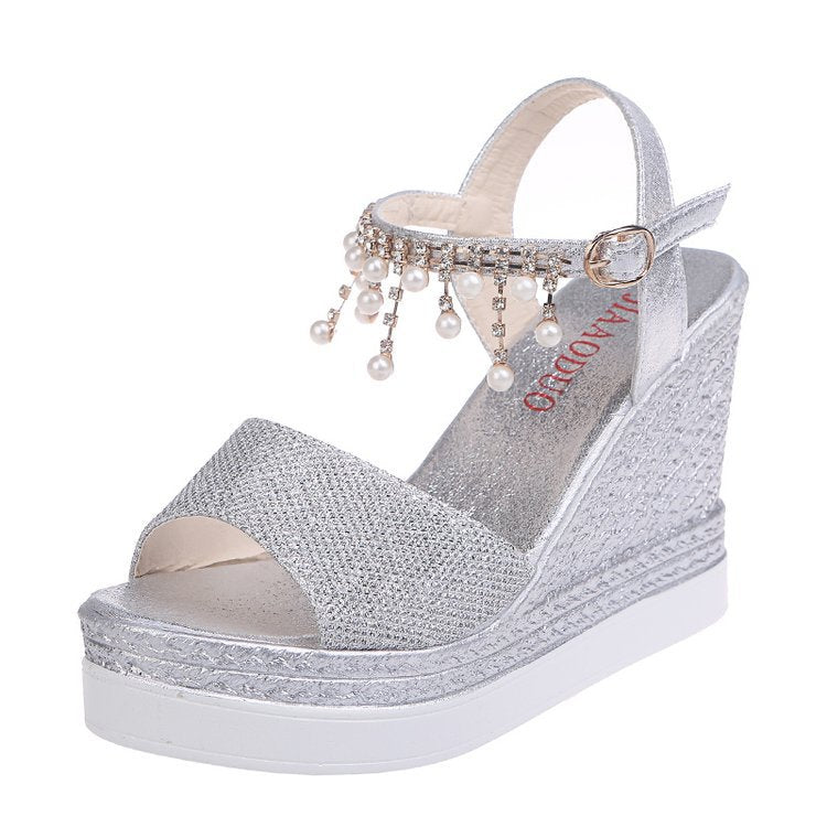 Women's shimmering wedge sandals with pearl fringe and adjustable ankle strap Mune Fashion