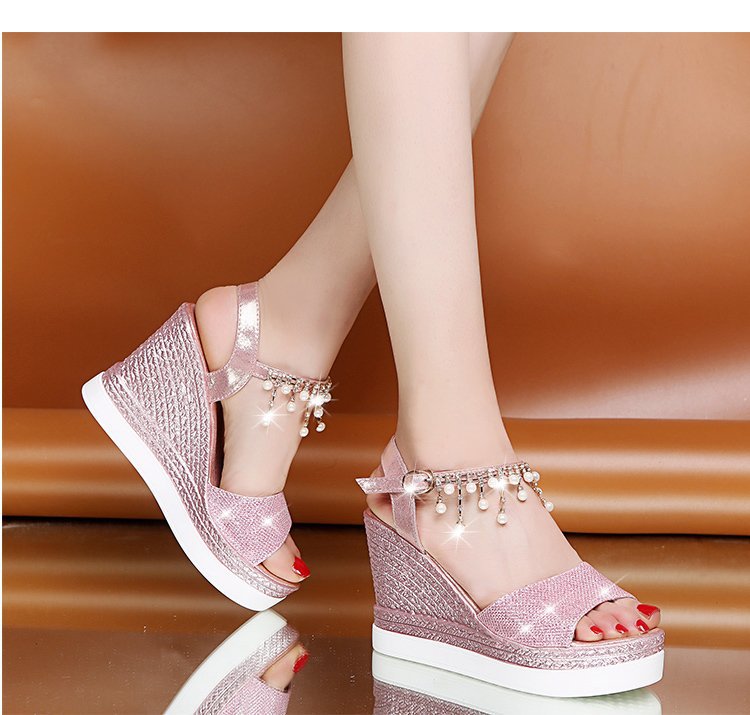 Women's shimmering wedge sandals with pearl fringe and adjustable ankle strap Mune Fashion