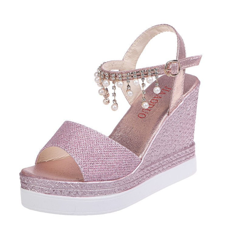 Women's shimmering wedge sandals with pearl fringe and adjustable ankle strap Mune Fashion