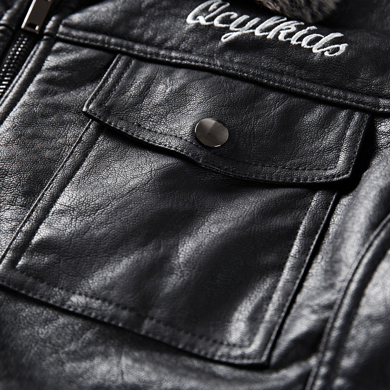 Men's leather imitation jacket with faux fur collar and military badges Mune Fashion