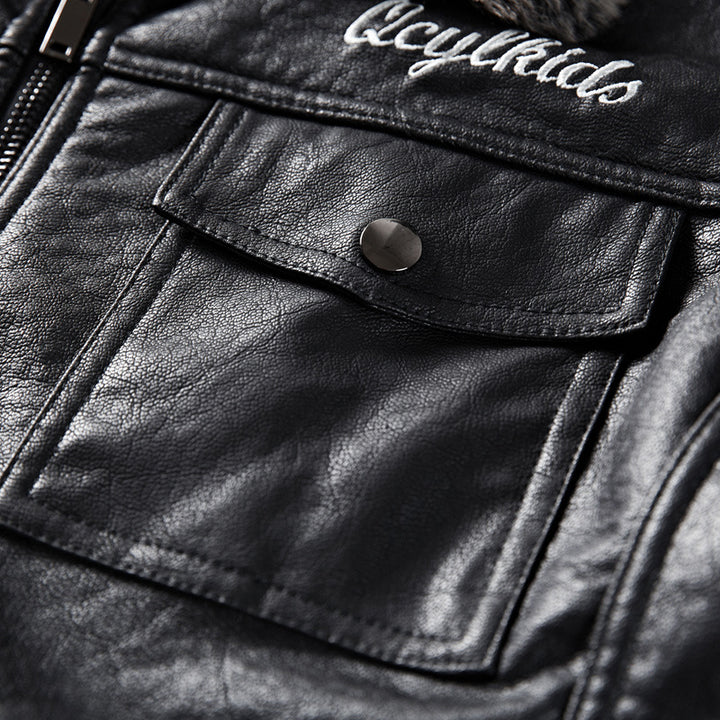 Men's leather imitation jacket with faux fur collar and military badges Mune Fashion