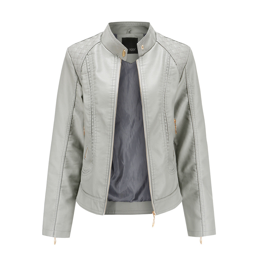 Women tailored faux leather biker jacket with stand-up collar and quilted shoulder section Mune Fashion
