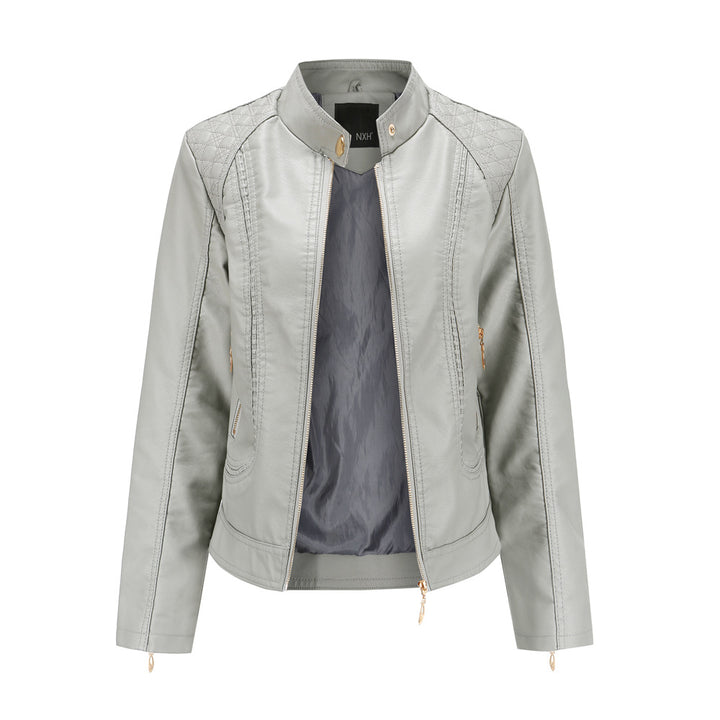 Women tailored faux leather biker jacket with stand-up collar and quilted shoulder section Mune Fashion