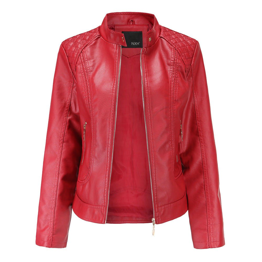 Women tailored faux leather biker jacket with stand-up collar and quilted shoulder section Mune Fashion
