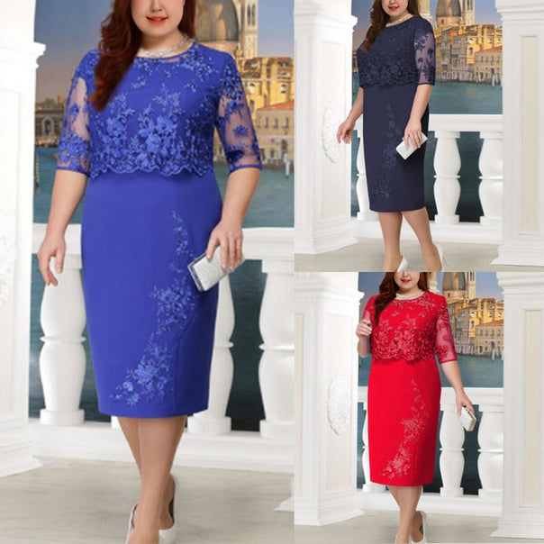 Women Elegant Lace Overlay Sheath Dress with Embroidered Chiffon Top and Semi-Transparent Sleeves Mune Fashion