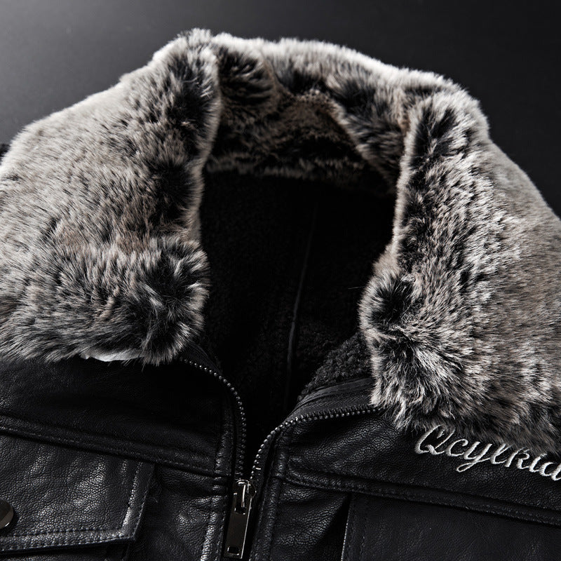 Men's leather imitation jacket with faux fur collar and military badges Mune Fashion
