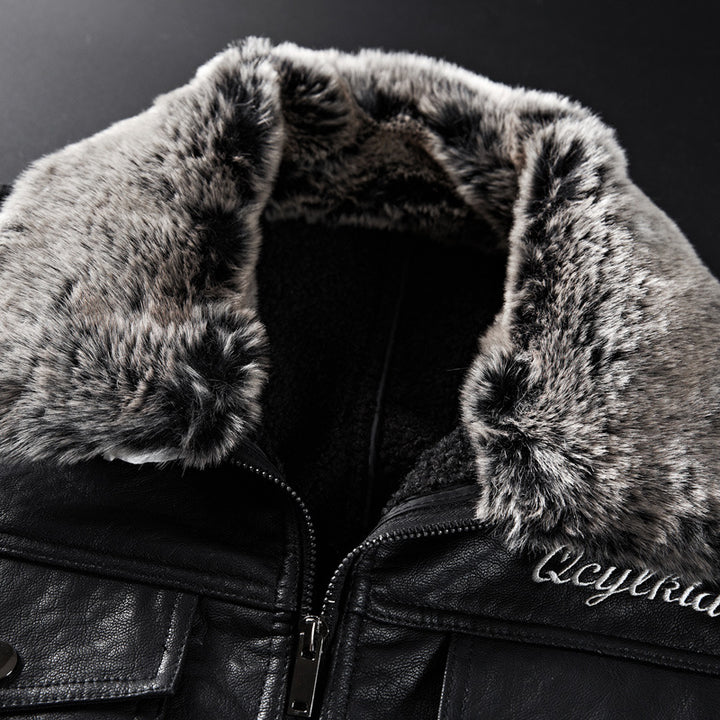 Men's leather imitation jacket with faux fur collar and military badges Mune Fashion