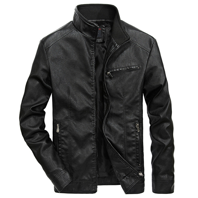 Men's Leather Look Moto Jacket with Stand Collar and Zipper Pockets Mune Fashion