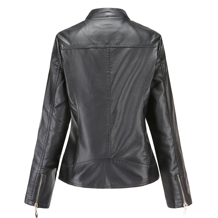 Women tailored faux leather biker jacket with stand-up collar and quilted shoulder section Mune Fashion