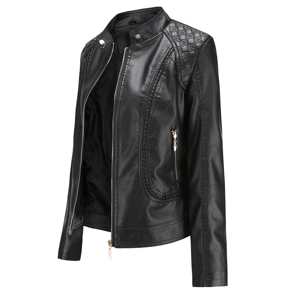 Women tailored faux leather biker jacket with stand-up collar and quilted shoulder section Mune Fashion