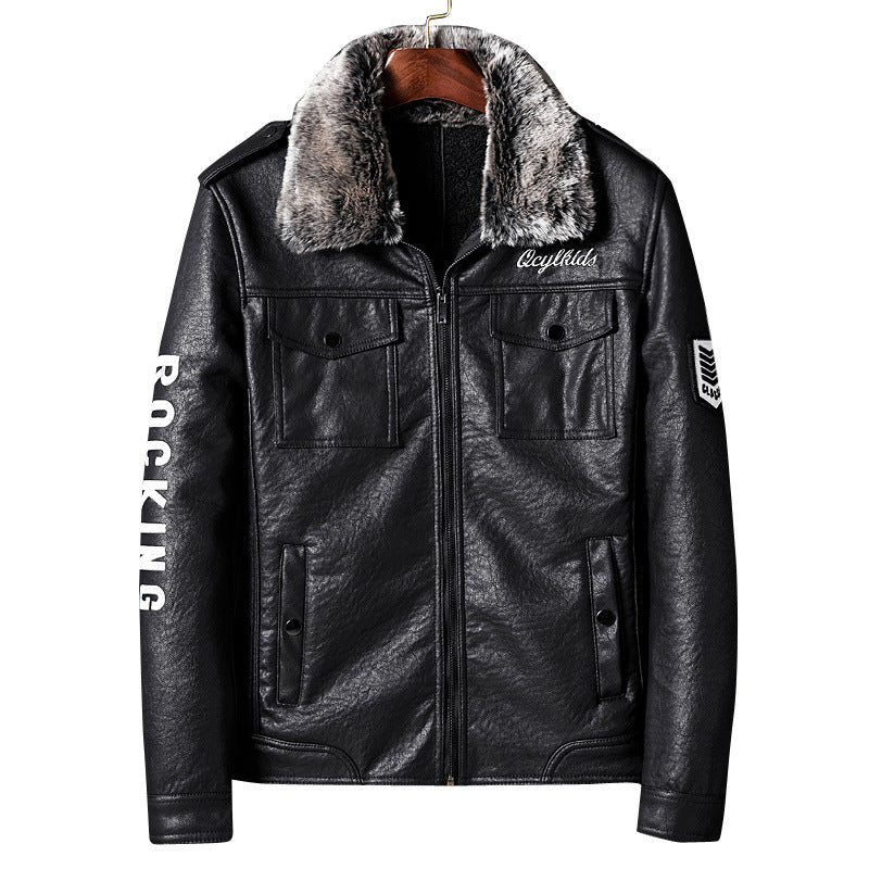 Men's leather imitation jacket with faux fur collar and military badges Mune Fashion