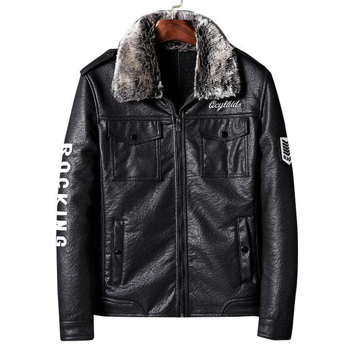 Men's leather imitation jacket with faux fur collar and military badges Mune Fashion
