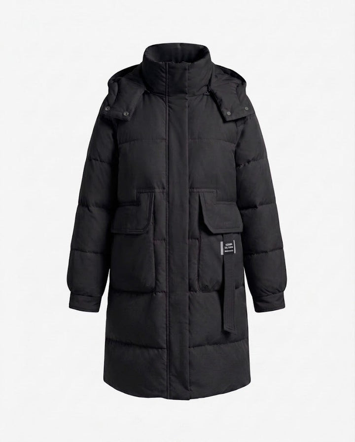 Women's longer padded quilted coat with high stand-up collar, concealed front placket and large patch pockets.