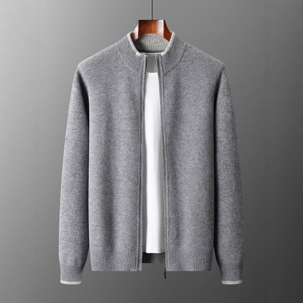 Men's zip-up cardigan with stand-up collar
