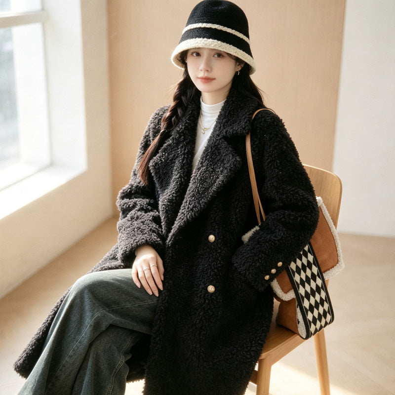 Women's coat, lamb fur imitation, long, black