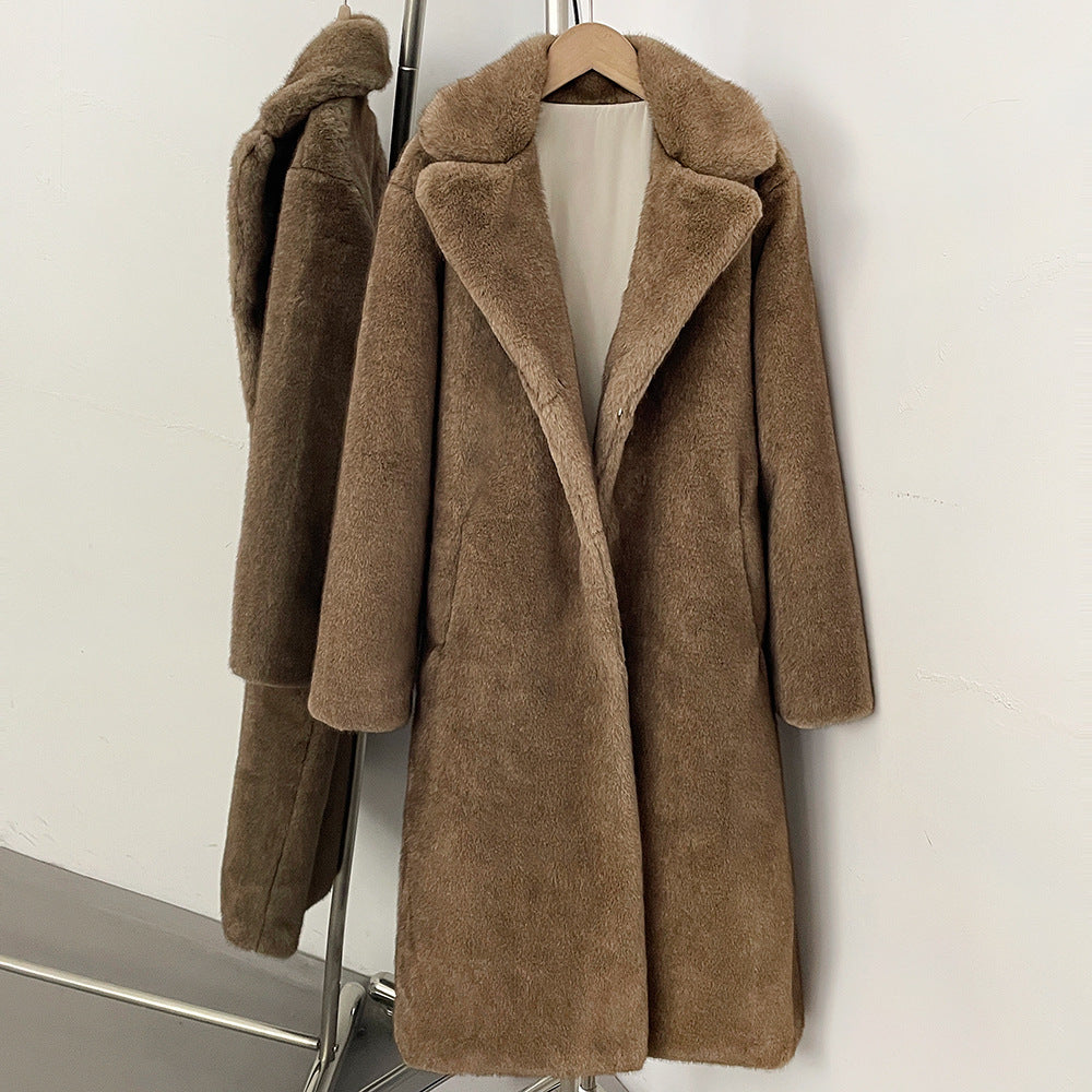 Elegant faux fur coat with lapel collar
